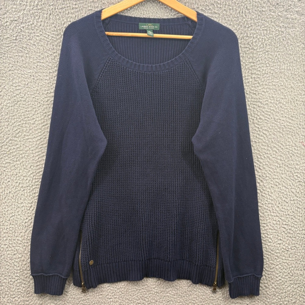 Ralph Lauren Sweater Womens XL Navy Blue Side Zip Cotton Knit Pullover Preppy